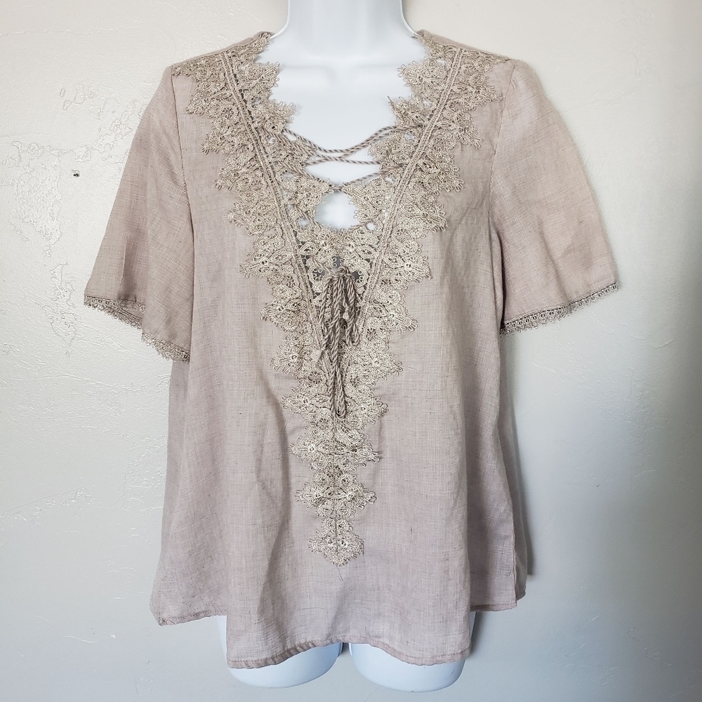 Listicle Small Greige Grey Beige Short Sleeve Blouse Lace Up V-neck Top